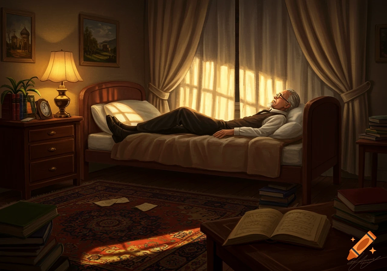 An old man with a beard and glasses rests on a bed, bathed in warm sunlight streaming through a window in a cozy room filled with books.