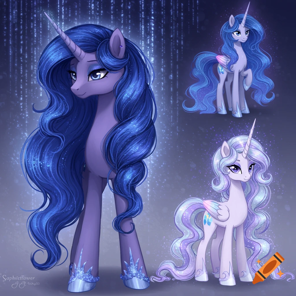 Three stylized unicorn ponies with long, sparkling manes against a dark, starry background. A large purple pony with deep blue hair stands prominently, while two smaller ponies, one blue and one lavender, are on the right.