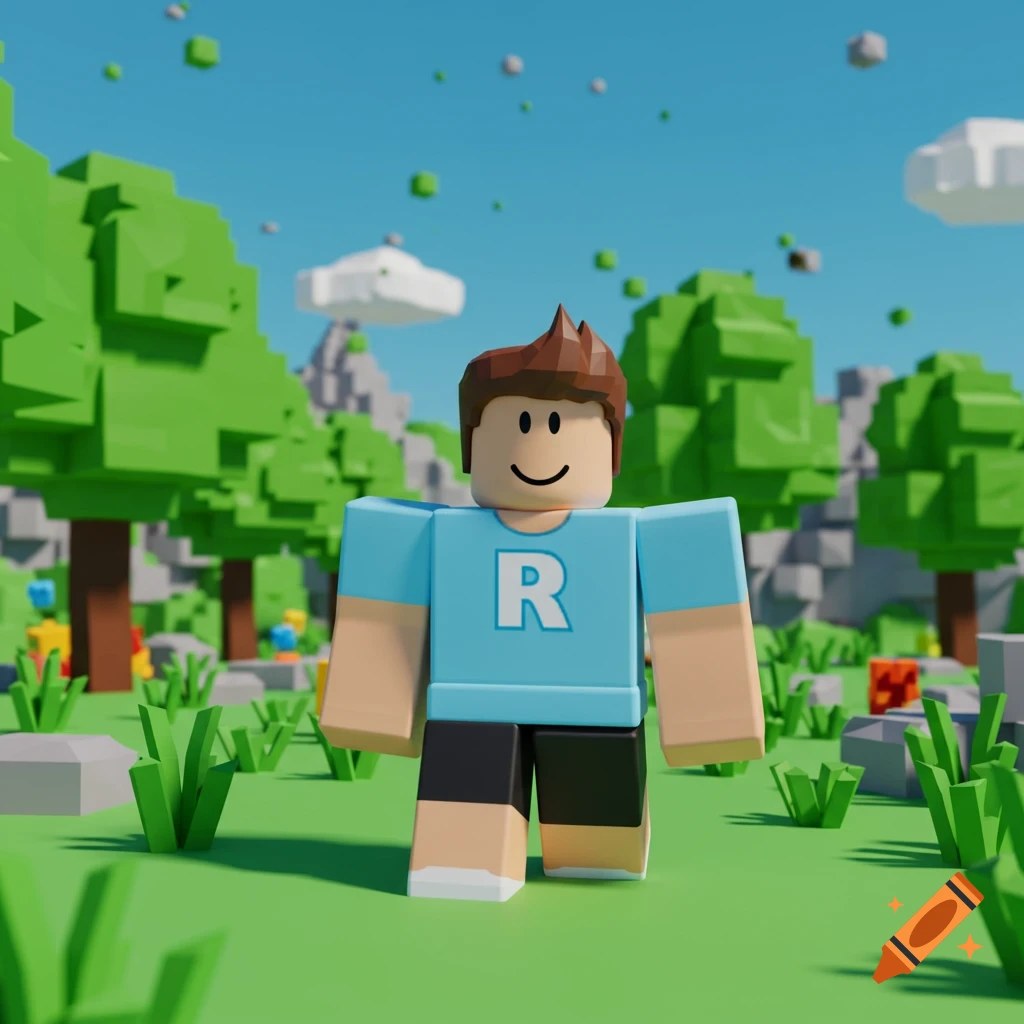 A smiling Roblox character in a blue 'R' shirt and black shorts stands in a blocky green landscape under a blue sky.