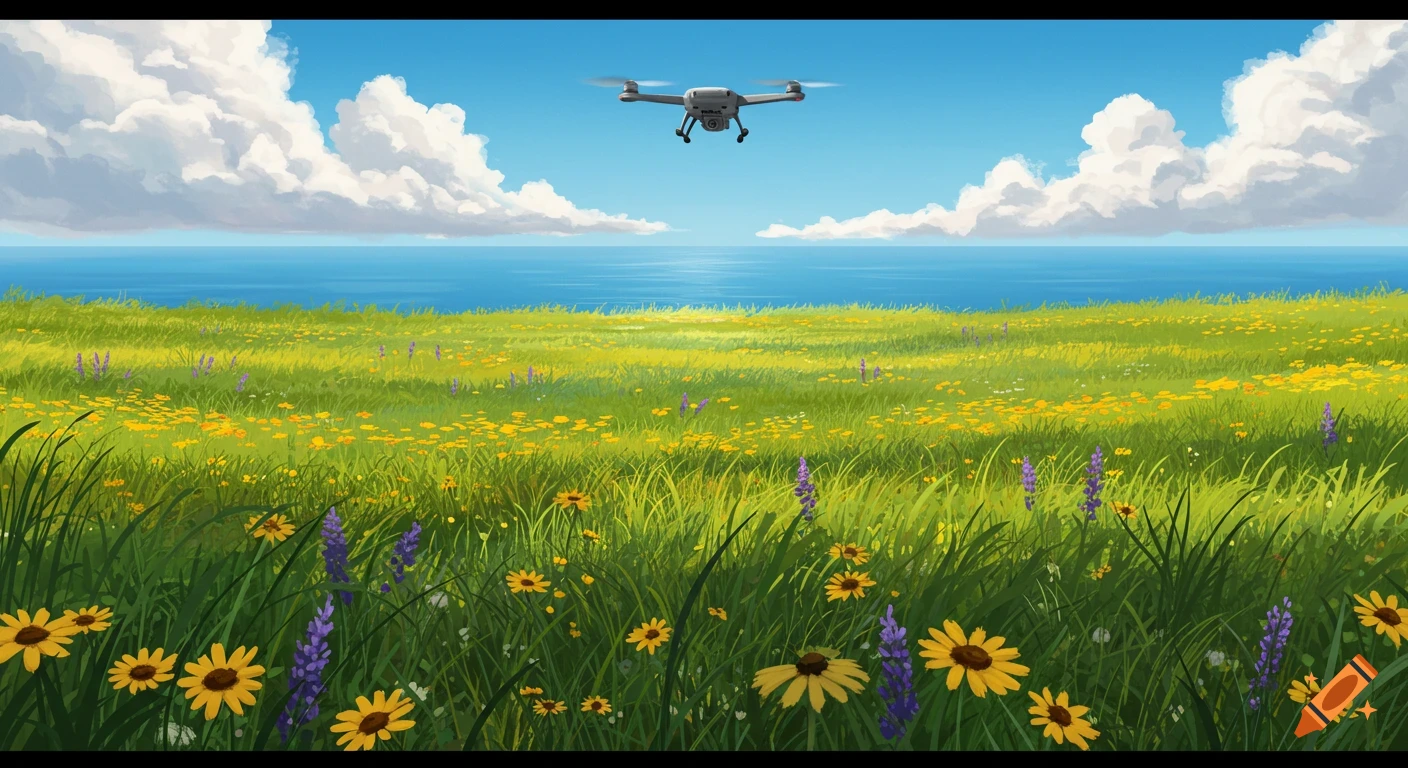 A drone flies over a vibrant green meadow with yellow and purple wildflowers, leading to a blue ocean under a cloudy sky.