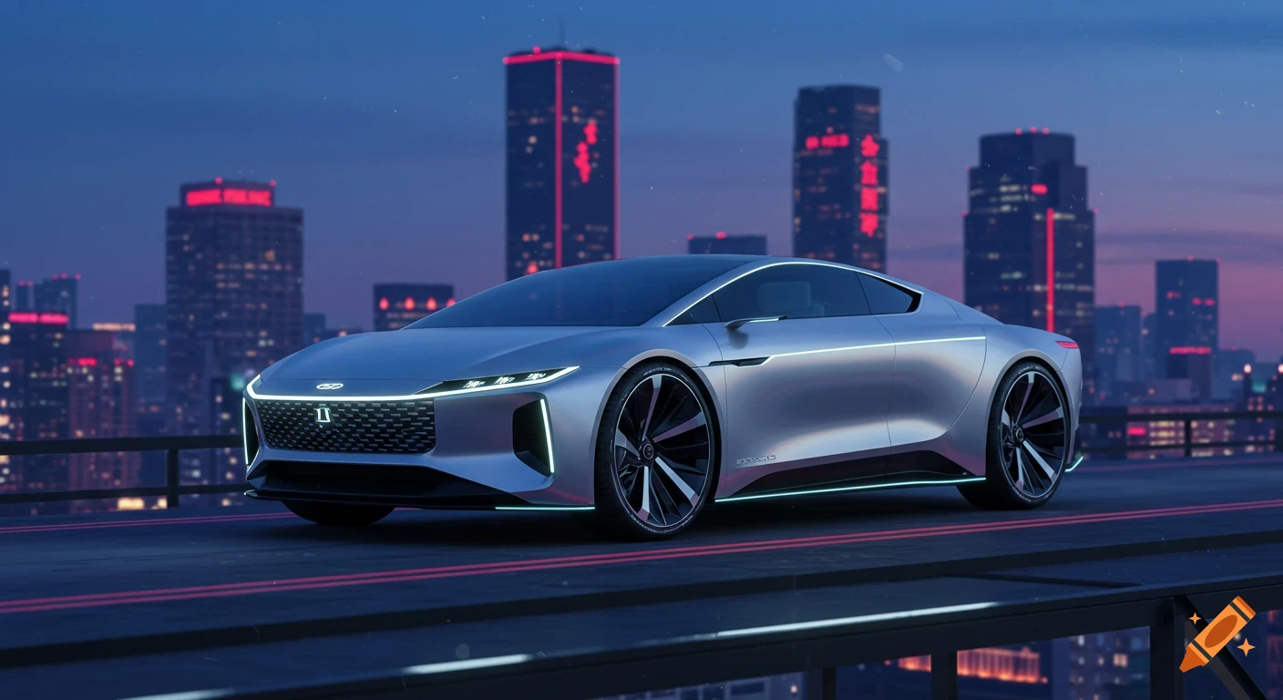 A sleek, silver futuristic car with glowing accents drives on a city bridge at dusk, with illuminated skyscrapers in the background.