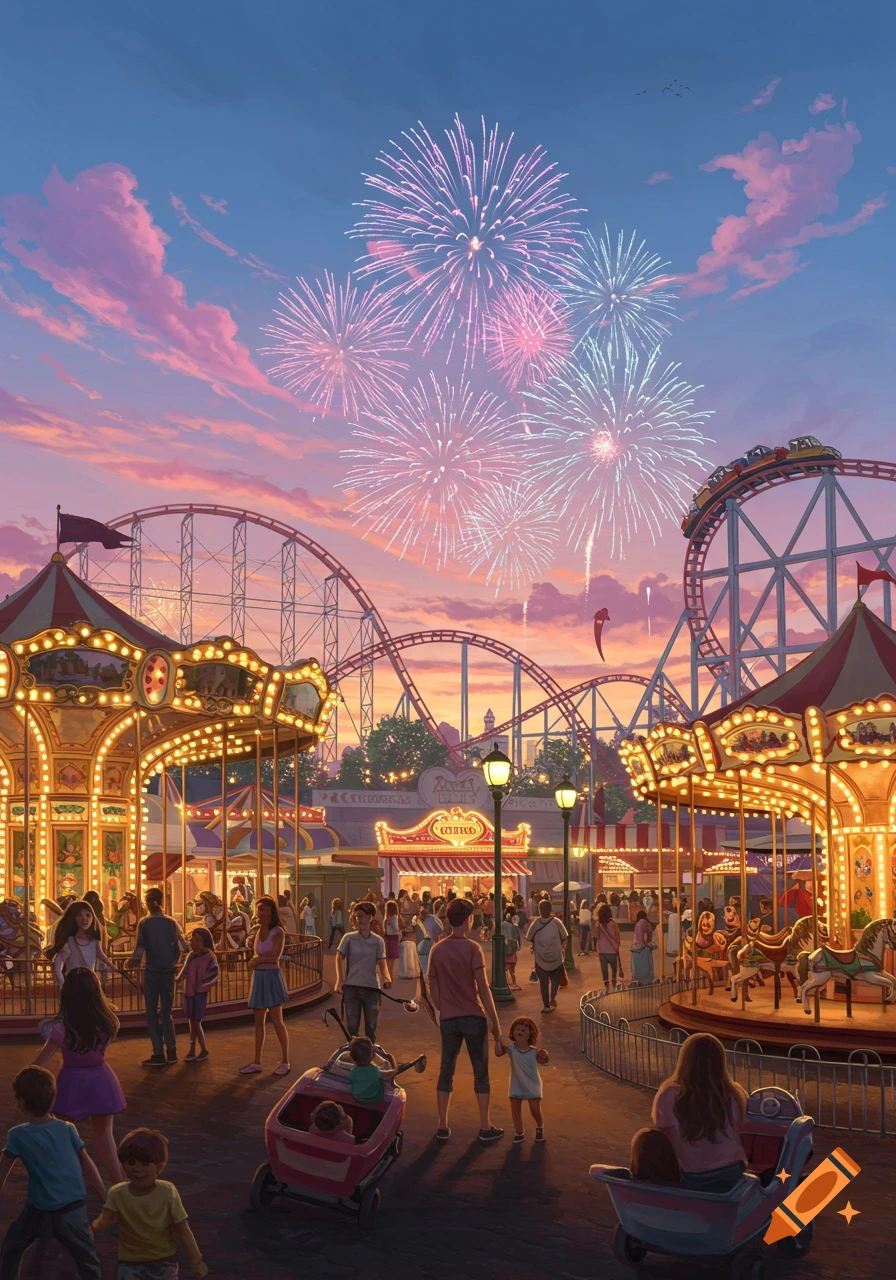 A vibrant amusement park at dusk with lit carousels, roller coasters, crowds, and colorful fireworks in a pink and blue sky.