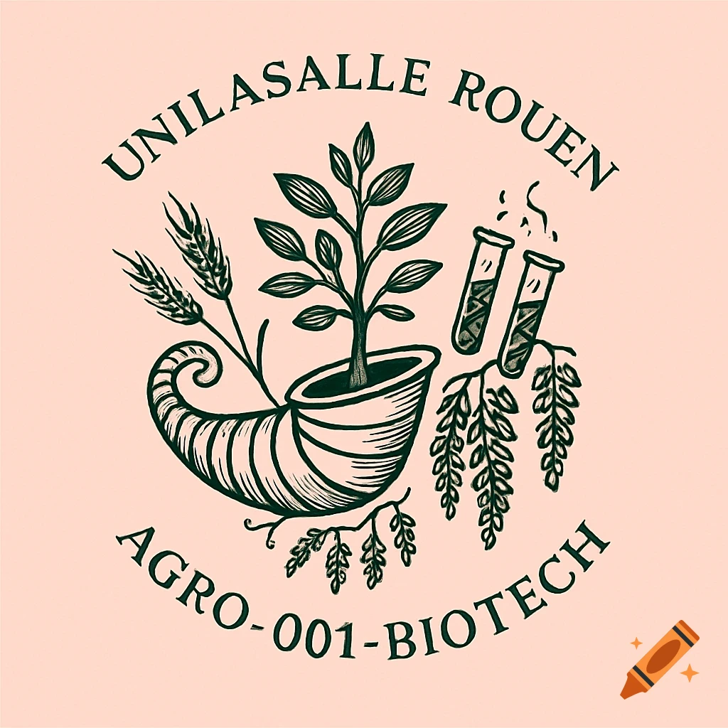 Line art logo on pale pink with a cornucopia, wheat, plant, test tubes, and text 'UNILASALLE ROUEN' and 'AGRO-001-BIOTECH'.