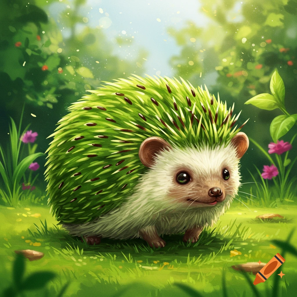 A cute hedgehog with green, grass-like quills stands in a vibrant, sun-dappled forest, illustration style.