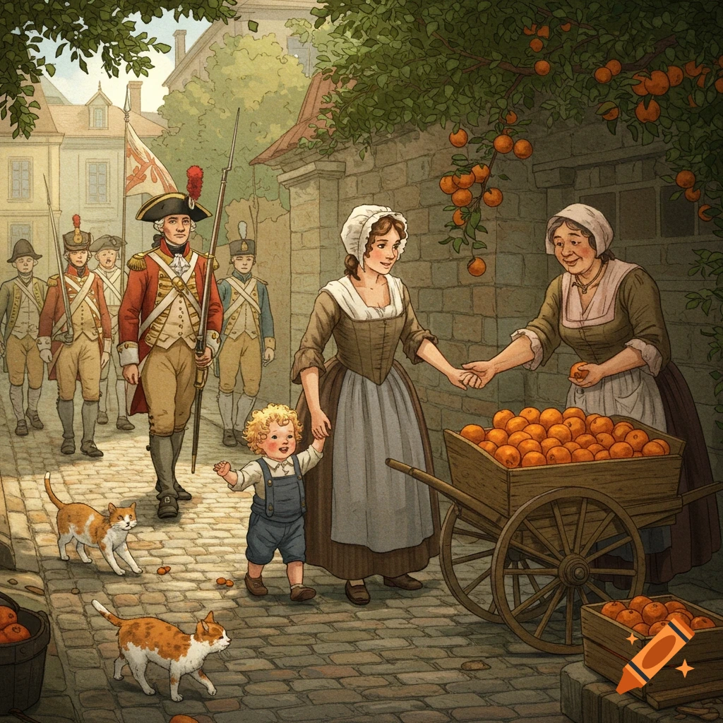 An illustration of a historical street scene with a boy, nanny, orange seller, soldiers marching, and two cats walking on cobblestones.