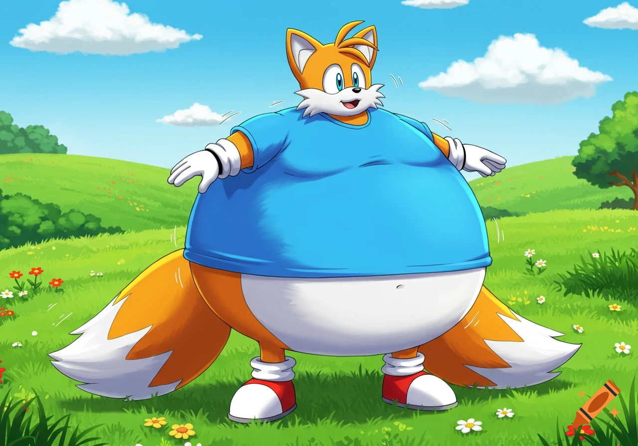 An inflated cartoon fox character, Tails, wearing a blue shirt, stands in a grassy field under a blue sky.