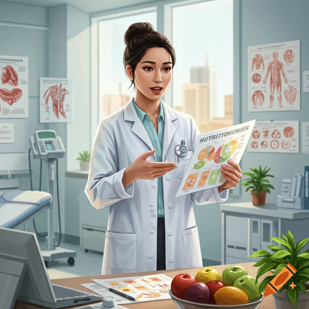 An illustrated female nutritionist in a lab coat presents a nutrition chart in a brightly lit clinic.