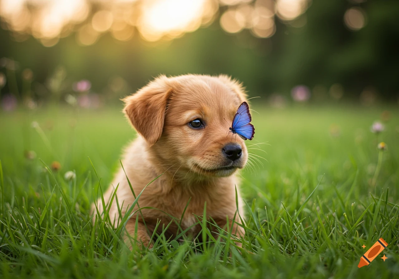 A photorealistic golden retriever puppy sits in green grass with a blue butterfly perched on its nose.