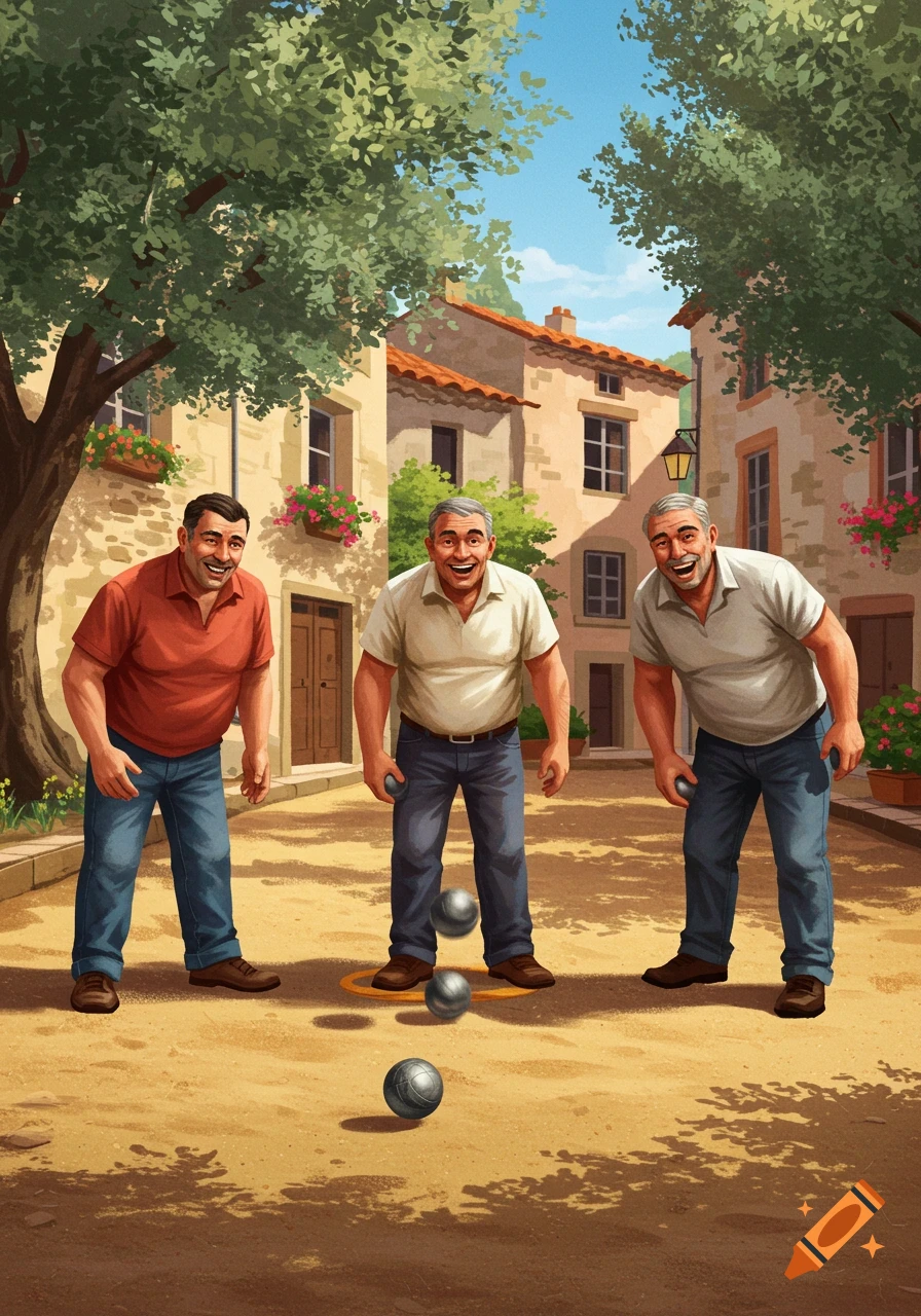 Three smiling men play pétanque on a dirt court in a sunny village square with stone buildings and trees, in an illustration.