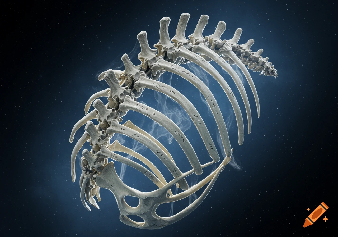 Detailed close-up of a fantastical animal's rib cage and spine, etched with ancient runes and surrounded by wisps of smoke, against a starry dark blue background.