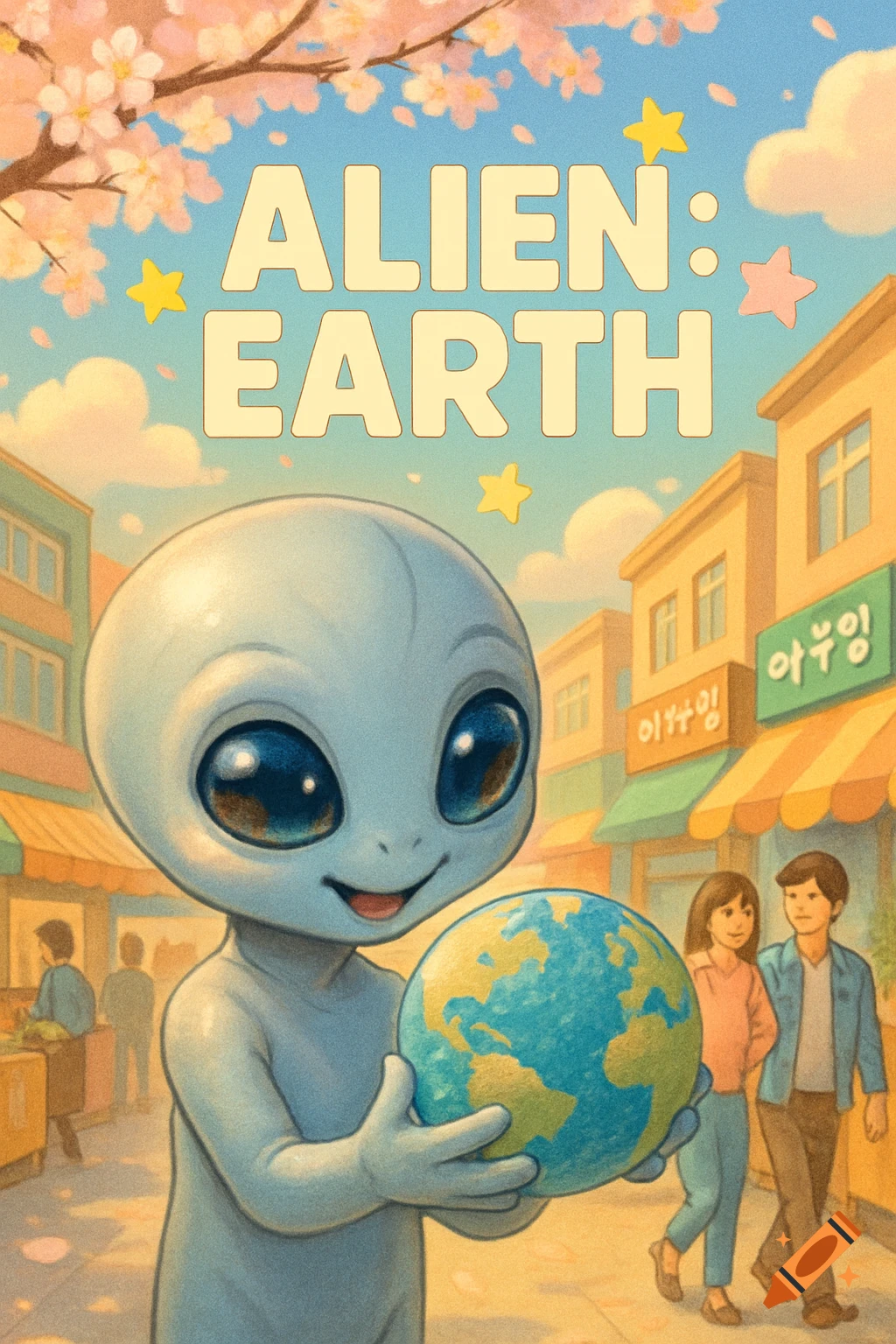 A cute grey alien with large dark eyes smiles while holding a small Earth globe in a vibrant, stylized street scene with cherry blossoms and people in the background, with 'ALIEN: EARTH' text at the top.