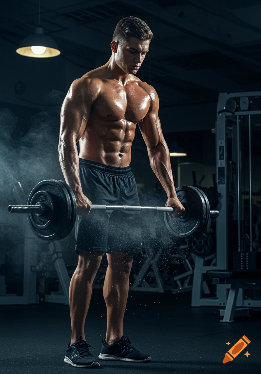 Muscular bodybuilder, shirtless in shorts, holding a barbell in a dimly lit gym with powder in the air, photorealistic style.