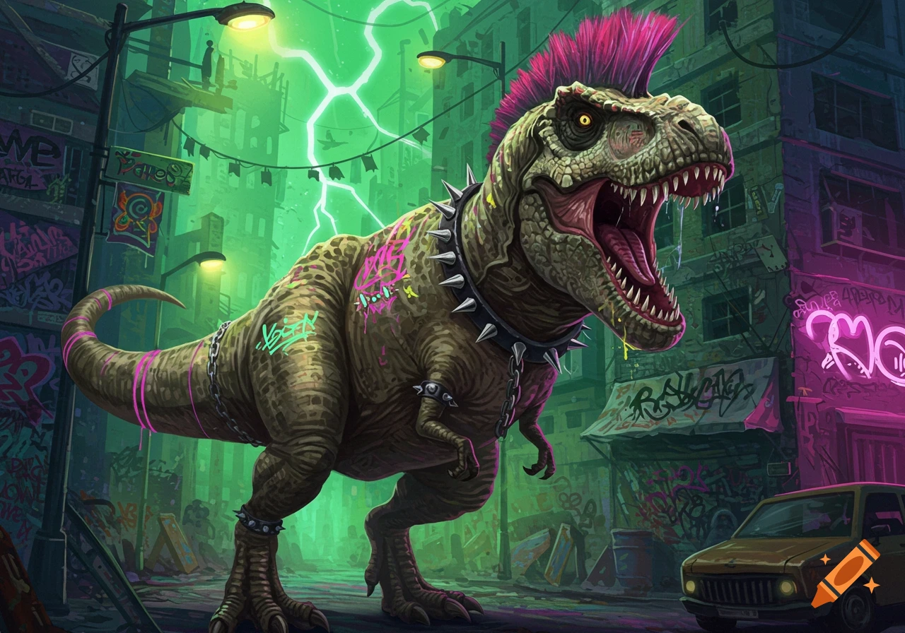 A punk rock T-Rex with a pink mohawk and spiked collar roars in a neon green, graffiti-filled urban street at night.