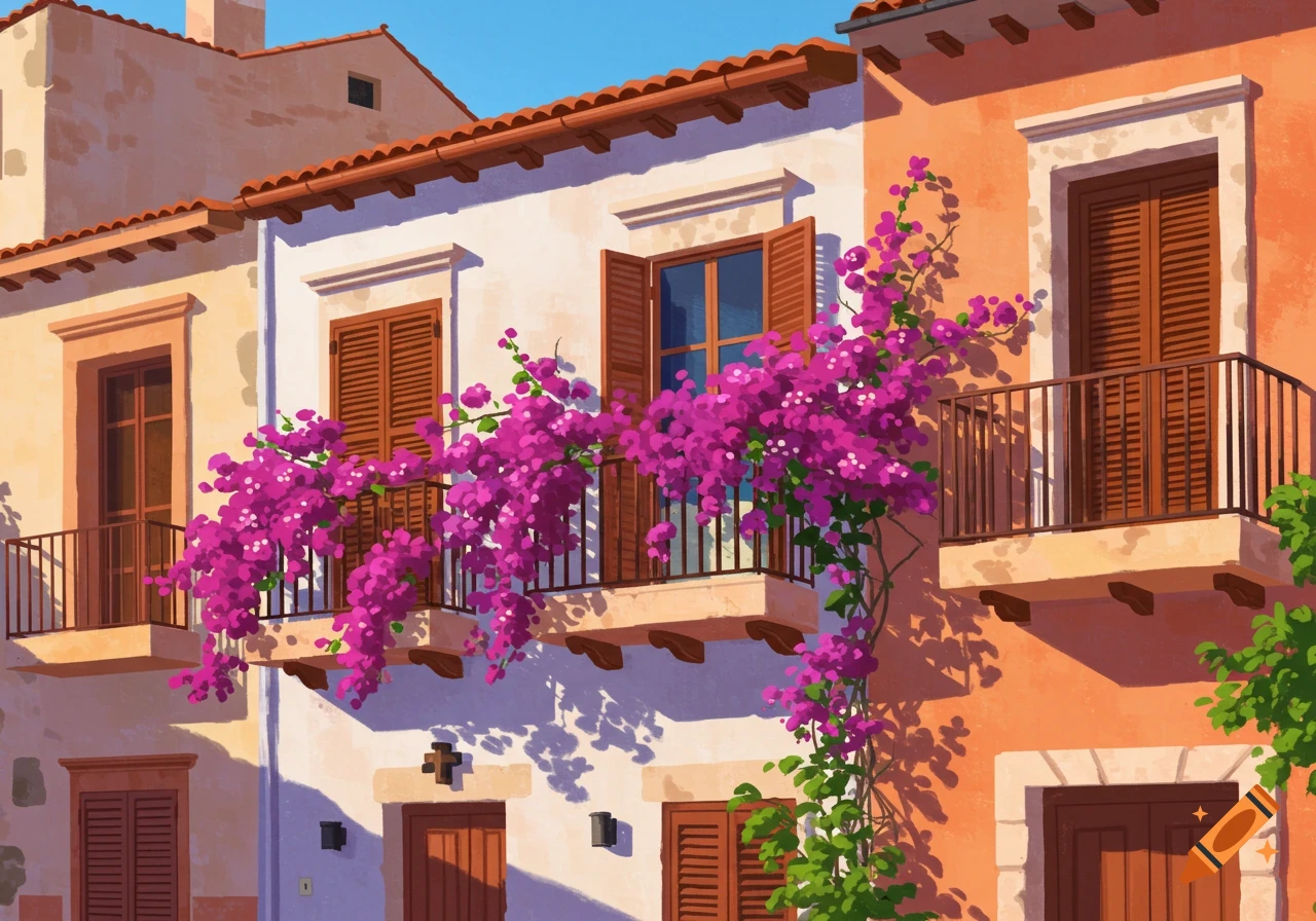 Sunlit Mediterranean facade with white and salmon buildings, orange roof tiles, and vibrant pink bougainvillea on balconies. Stylized.