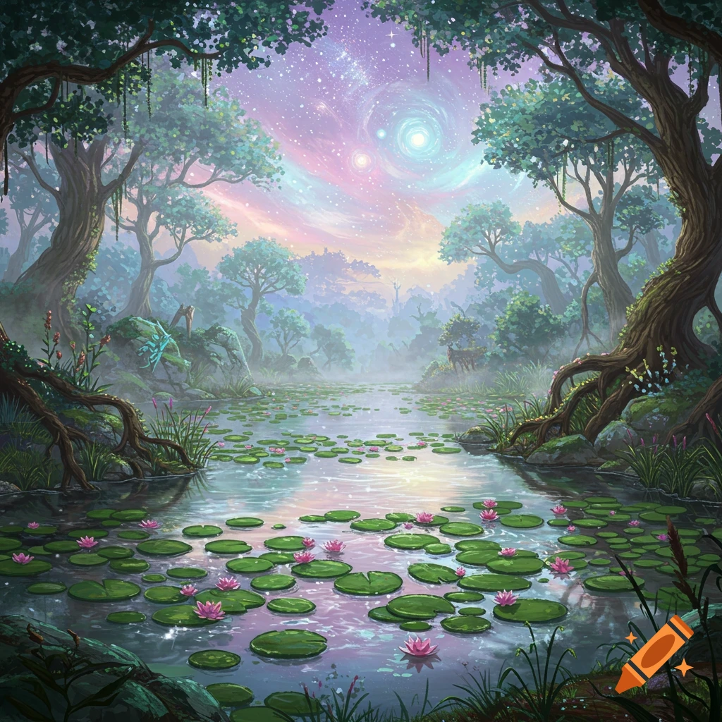 A magical fantasy forest landscape with a tranquil lake, pink water lilies, and a celestial sky.