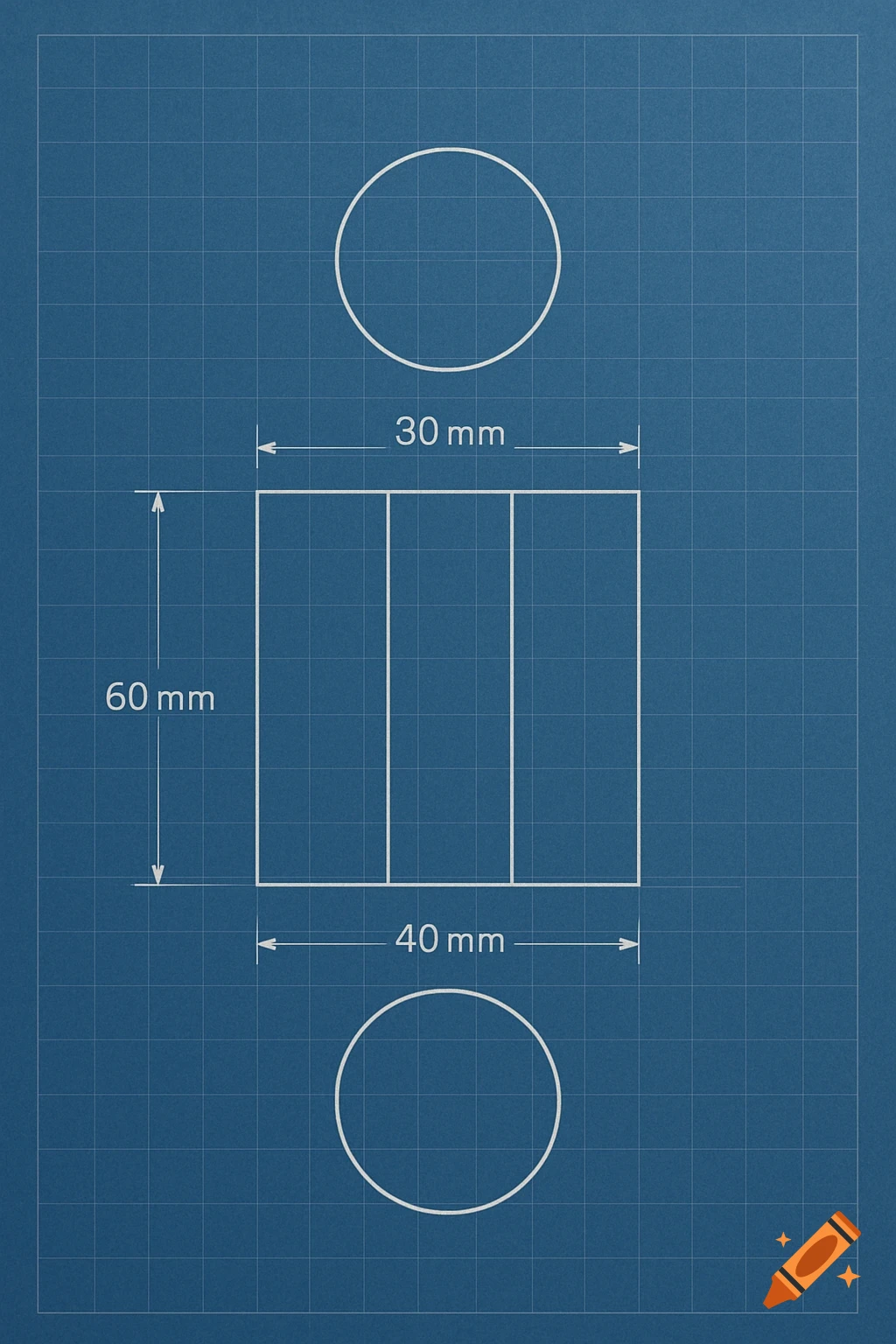 A blueprint with a 60mm tall by 40mm wide rectangle divided into three sections, with a circle above and below. Dimensions are labeled.