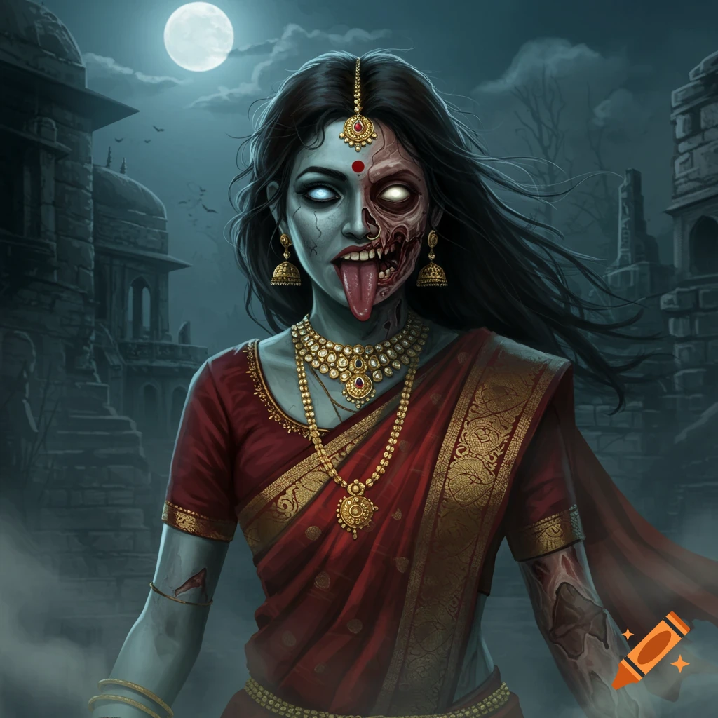 A stylized Indian zombie woman with green skin, one side of her face decomposed and the other beautiful, her long tongue sticking out. She wears a red sari with gold jewelry, standing under a full moon in a ruined, misty landscape.