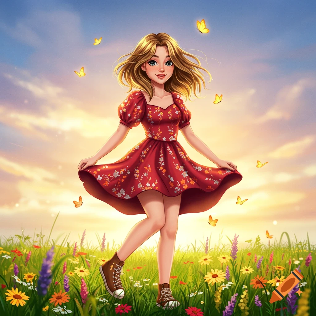 Illustration of a cute young woman with blonde hair in a red floral dress, standing in a field of colorful flowers with butterflies under a sunset sky.