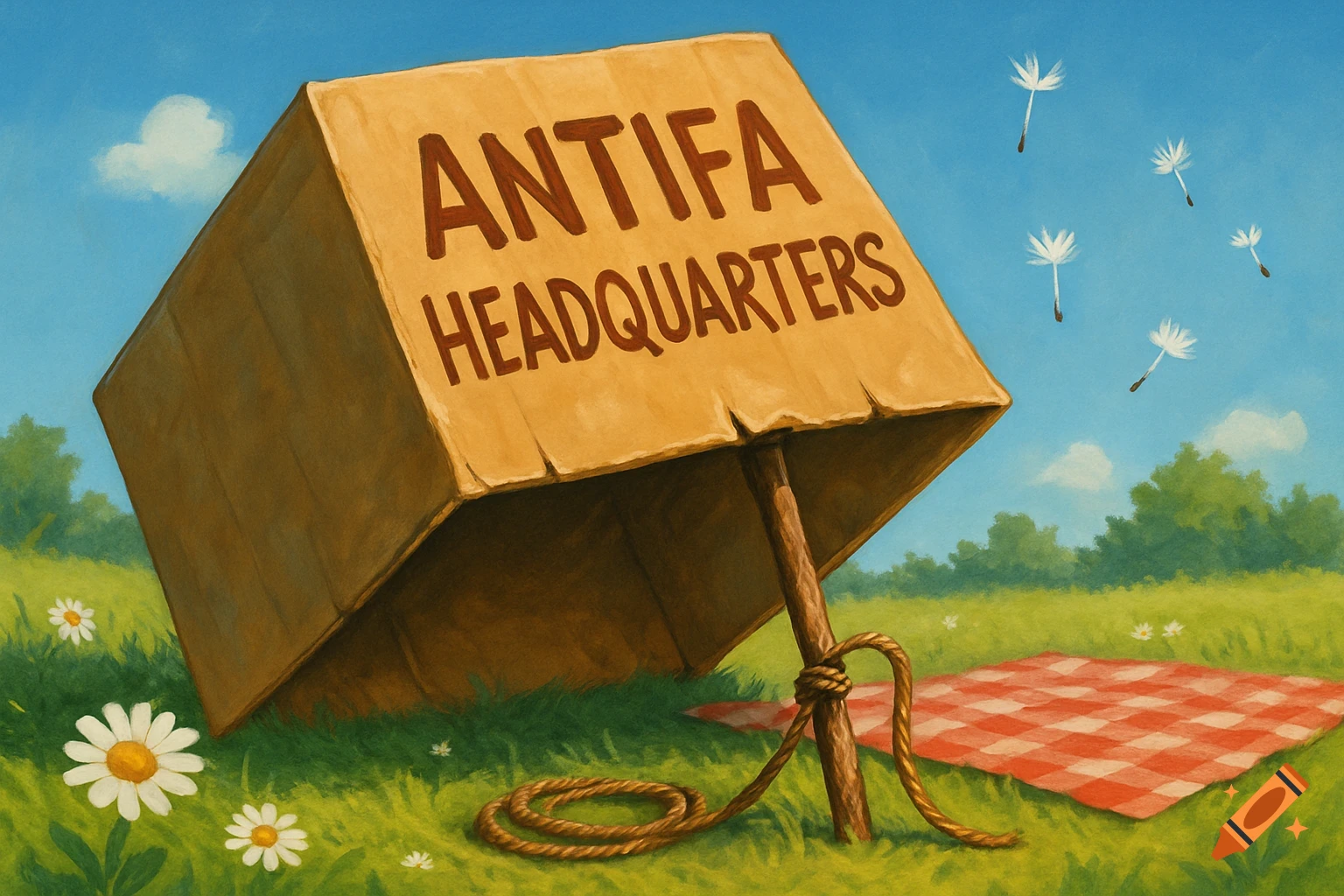 A satirical image of a cardboard box trap labeled 'ANTIFA HEADQUARTERS' held up by a stick in a sunny, grassy field with daisies and a picnic blanket.