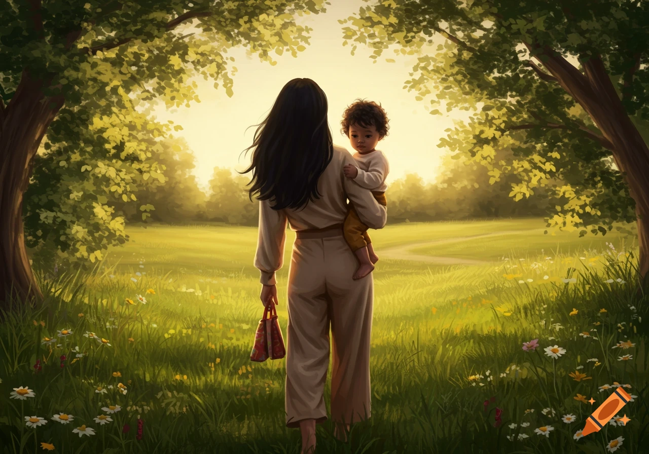 Painterly image of a woman carrying a child, walking through a sunny field under trees.