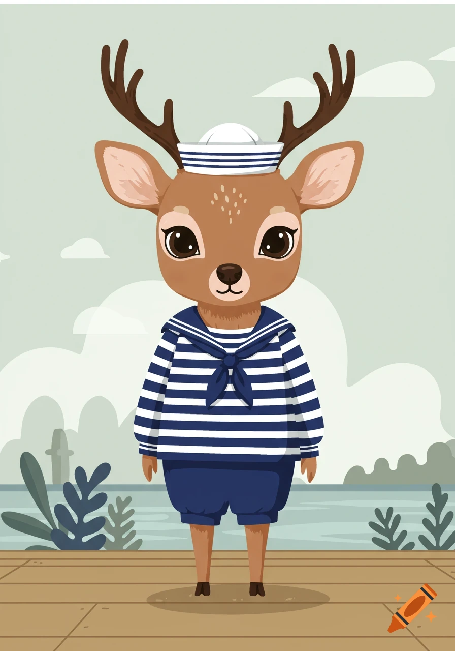 Cute cartoon deer in a sailor uniform standing on a wooden pier by the water with plants and clouds.