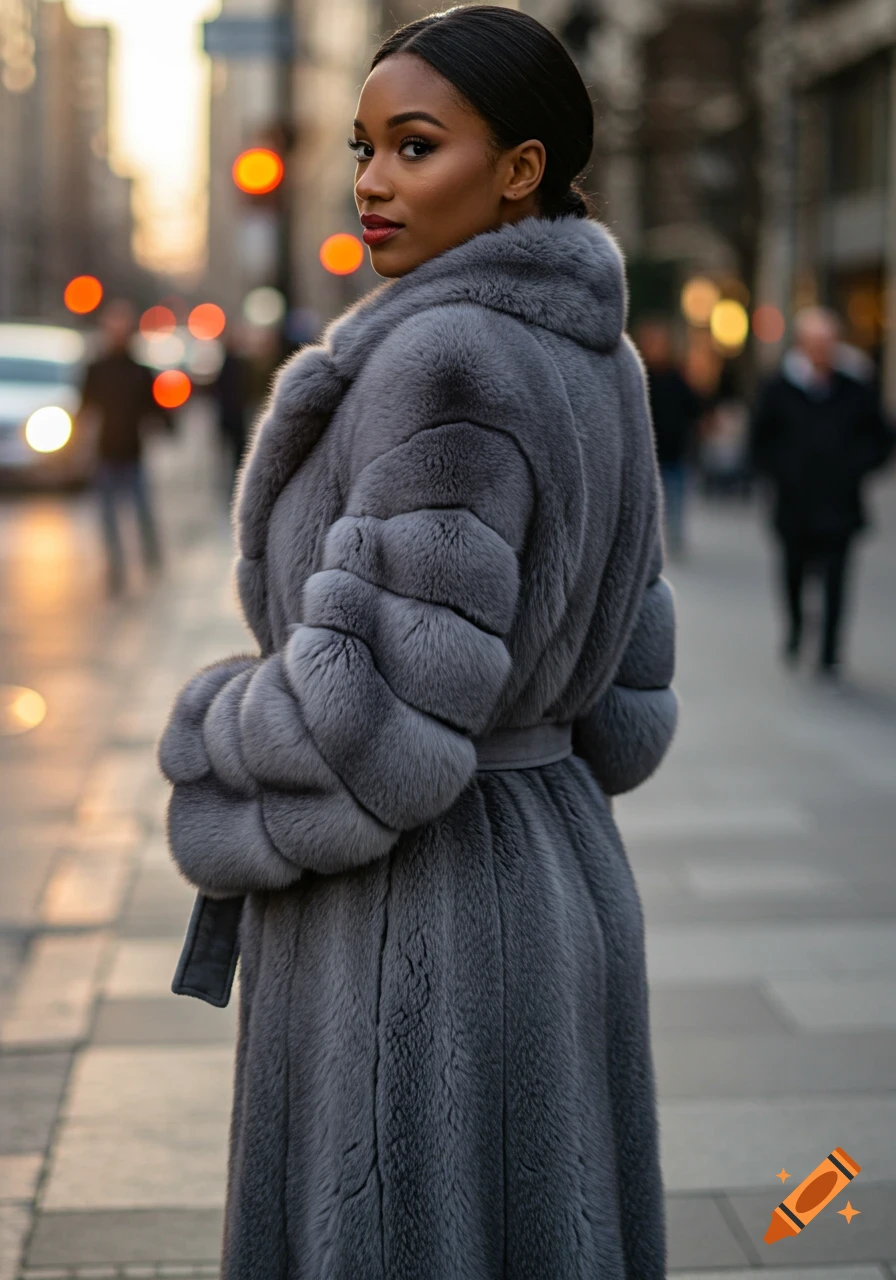 A stylish woman in a long grey fur coat with a belt looks over her shoulder on an urban street.