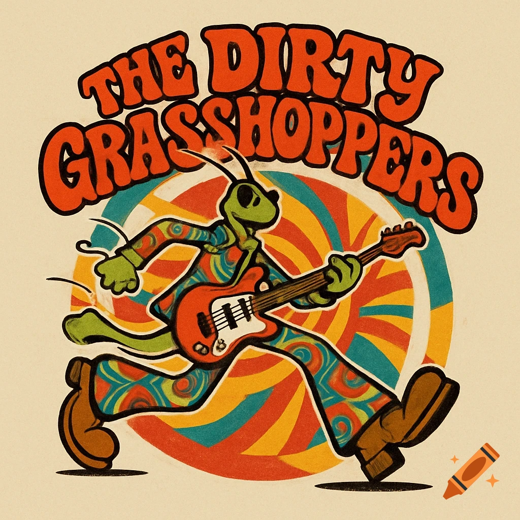 A retro cartoon logo featuring a green grasshopper wearing boots and playing a red bass guitar, with 'THE DIRTY GRASSHOPPERS' text above, on a psychedelic swirl background.
