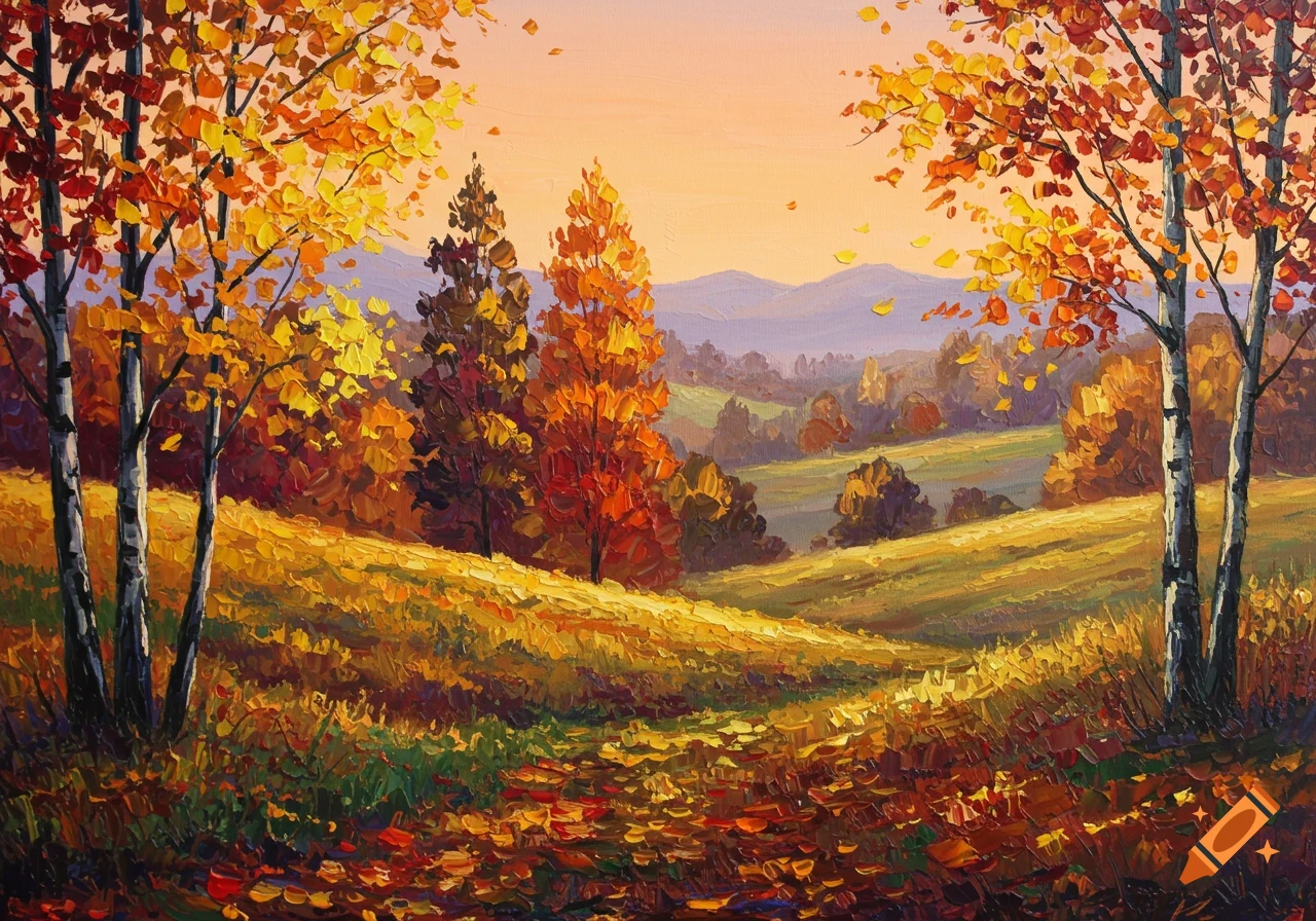 Impressionistic autumn landscape painting with vibrant orange and yellow trees, a rolling grassy hill, and distant mountains.