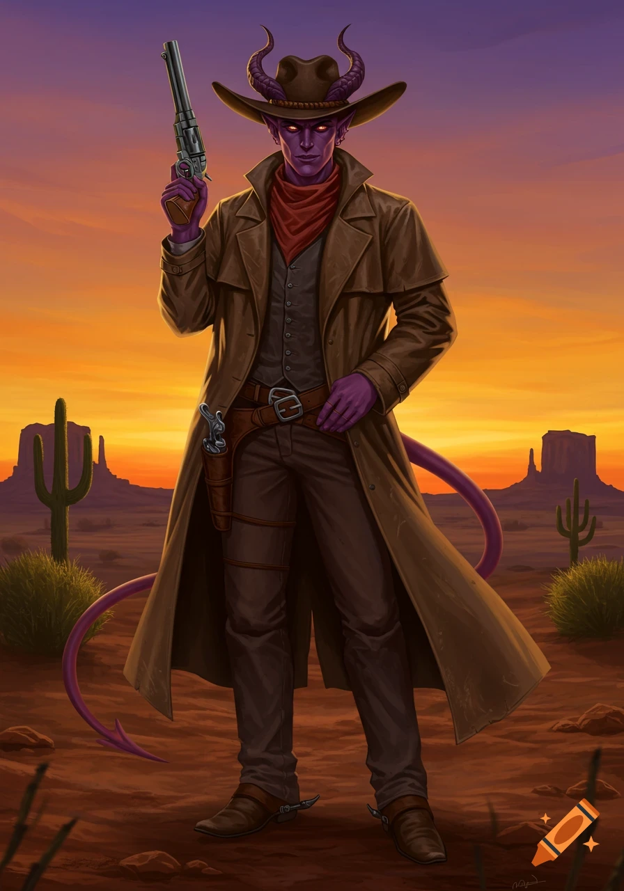 A purple-skinned, red-eyed horned tiefling cowboy in a duster coat, holding a revolver in a desert landscape at sunset.