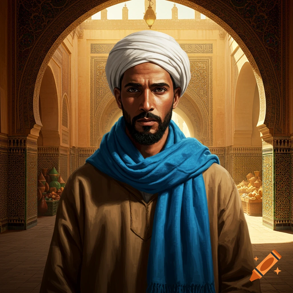 Photorealistic portrait of a Moroccan man with a white turban, blue scarf, and dark beard, standing in a sunlit, ornate archway.