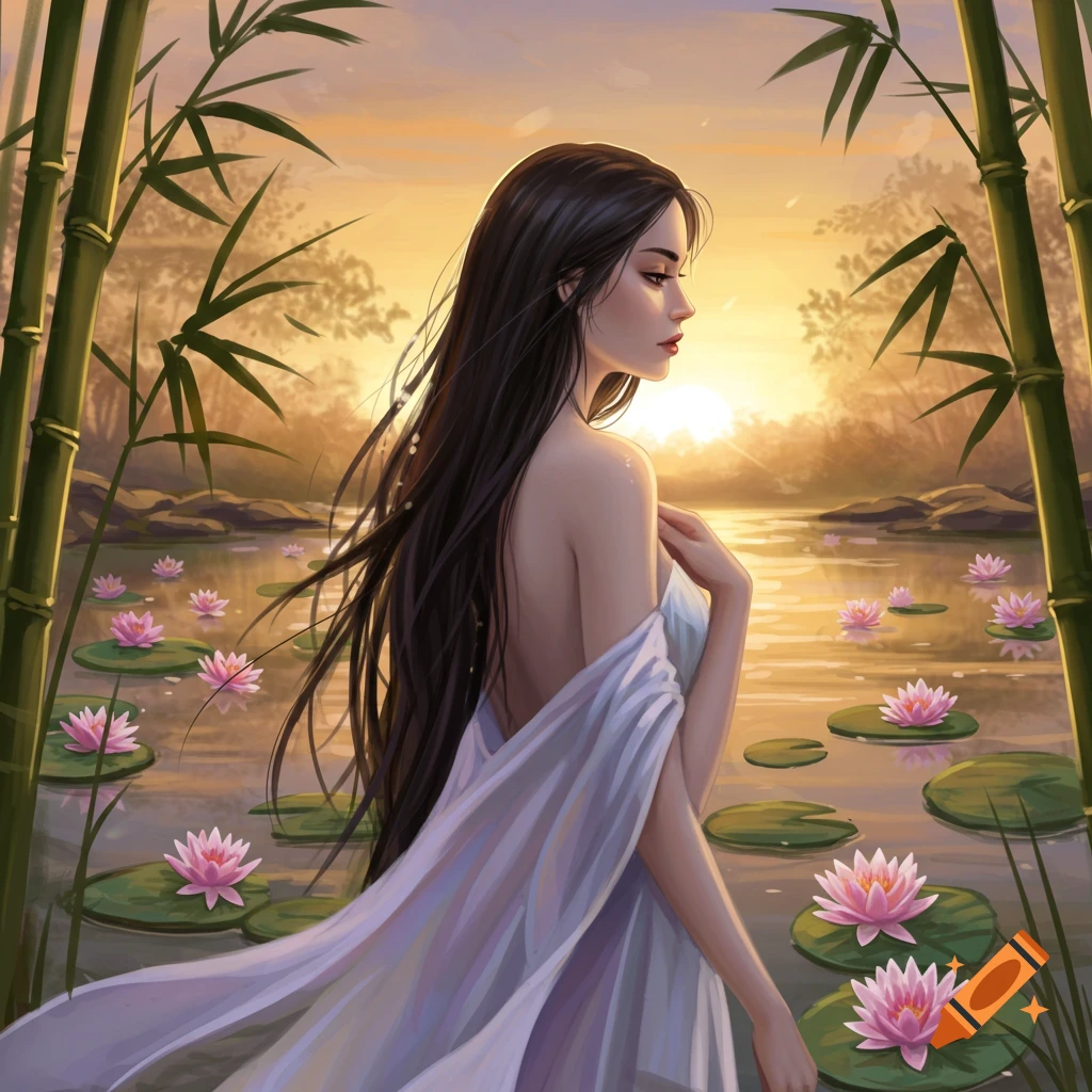 Digital painting of a woman with long dark hair in a flowing white gown, standing in water with pink water lilies and bamboo at sunset.