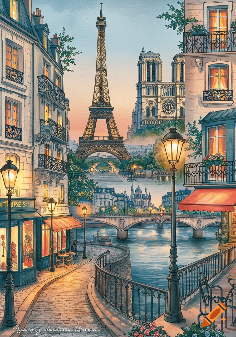 Watercolor illustration of a Parisian street scene with the Eiffel Tower, Notre Dame, and the Seine river at sunset.