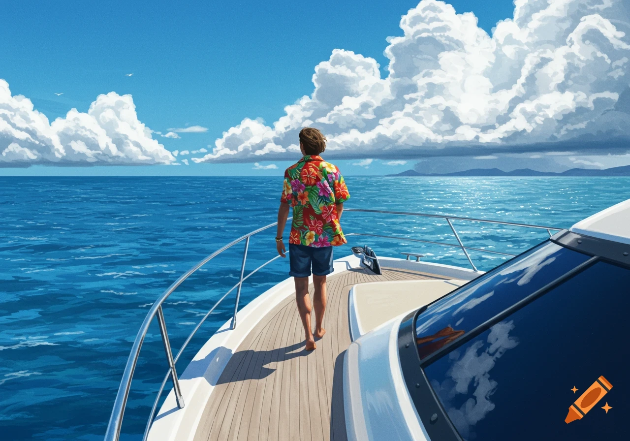 A person in a colorful Hawaiian shirt stands barefoot on a luxury boat deck, looking out at the vast blue ocean and cloudy sky. Illustrative style.