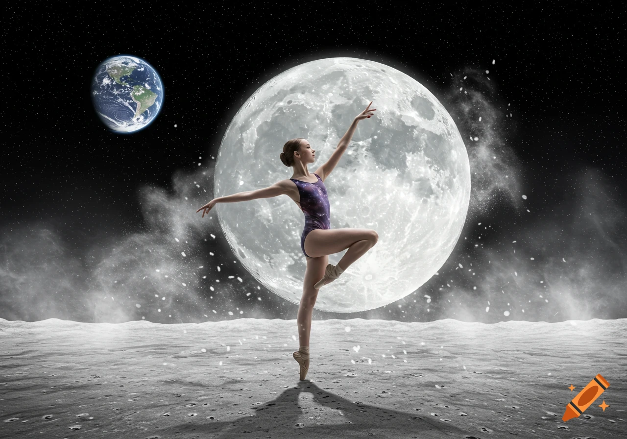 A ballerina in a purple leotard performs en pointe on the moon's surface, with Earth and a large full moon in the starry background.