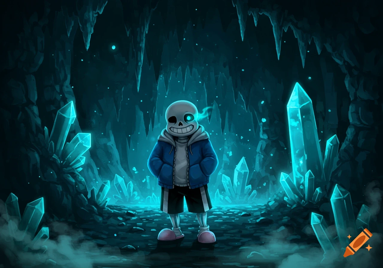 Sans from Undertale stands in a dark cave illuminated by glowing blue crystals.