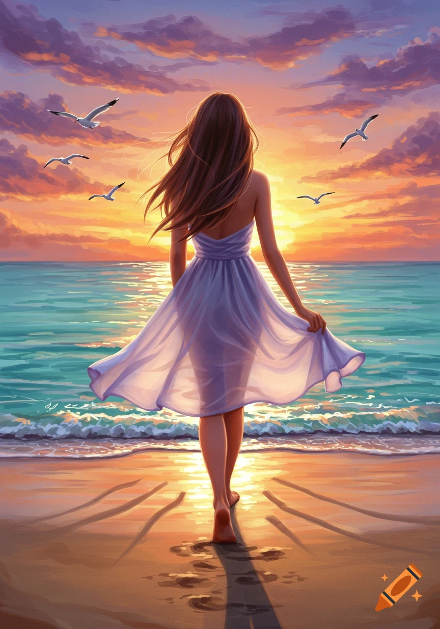 A woman in a flowing dress walks on a beach towards a vibrant sunset, with seagulls flying above. Digital painting.