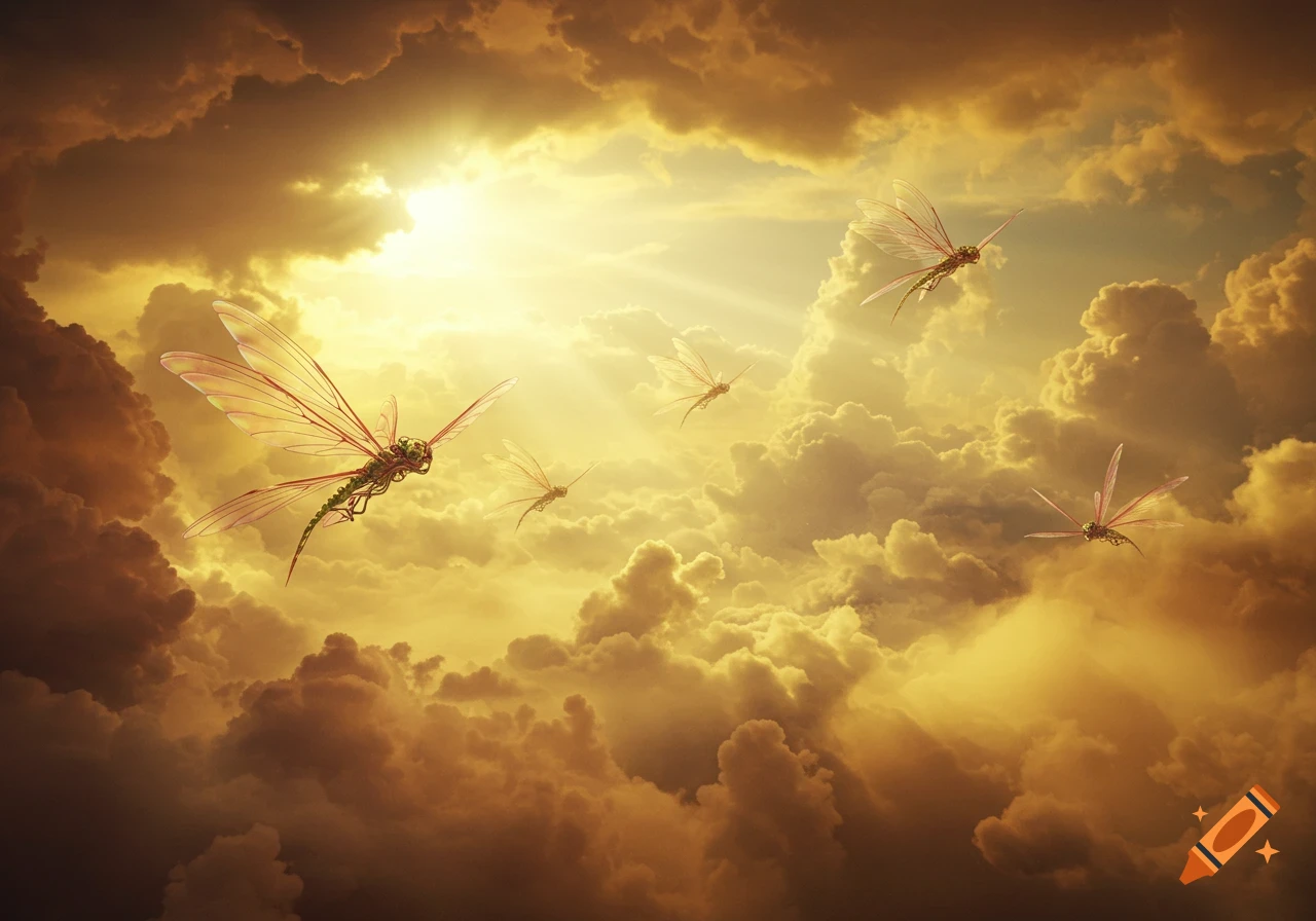 Several ethereal insect-like creatures with delicate wings fly through a dramatic sky filled with glowing golden clouds and sunbeams.
