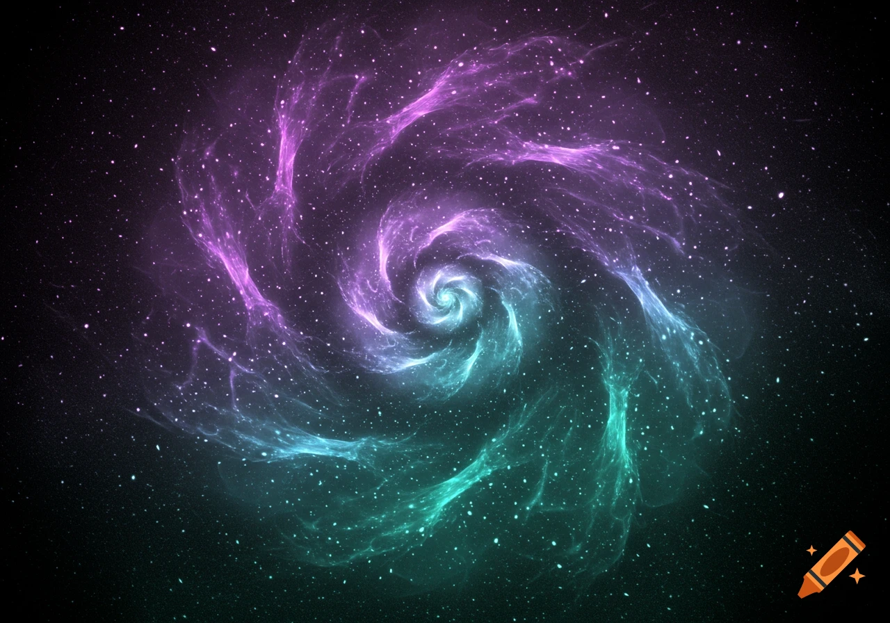 A vibrant spiral nebula glowing purple and teal with scattered stars against a dark cosmic background.