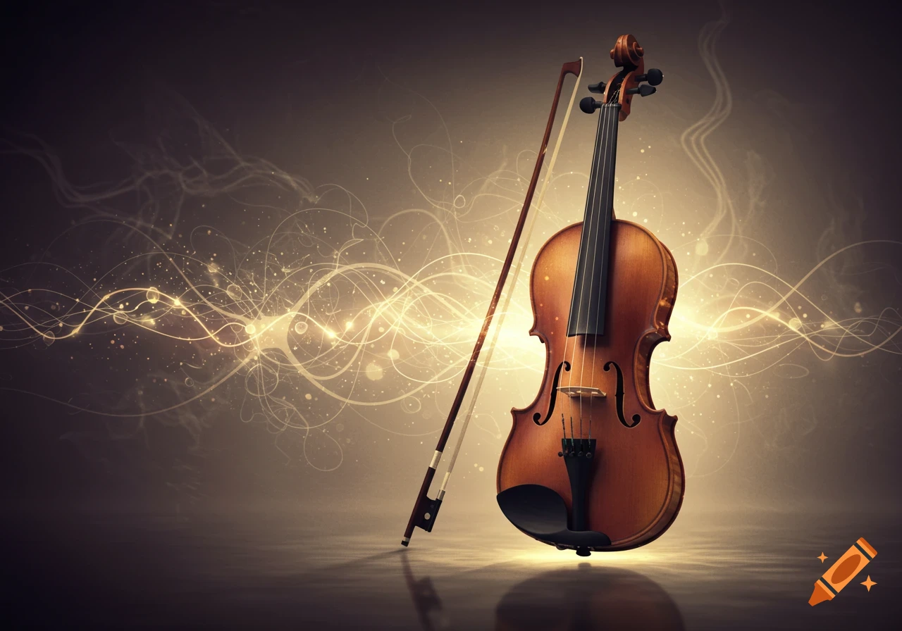 A violin and bow stand upright against a dark, ethereal background with glowing golden light trails and sparkling particles.