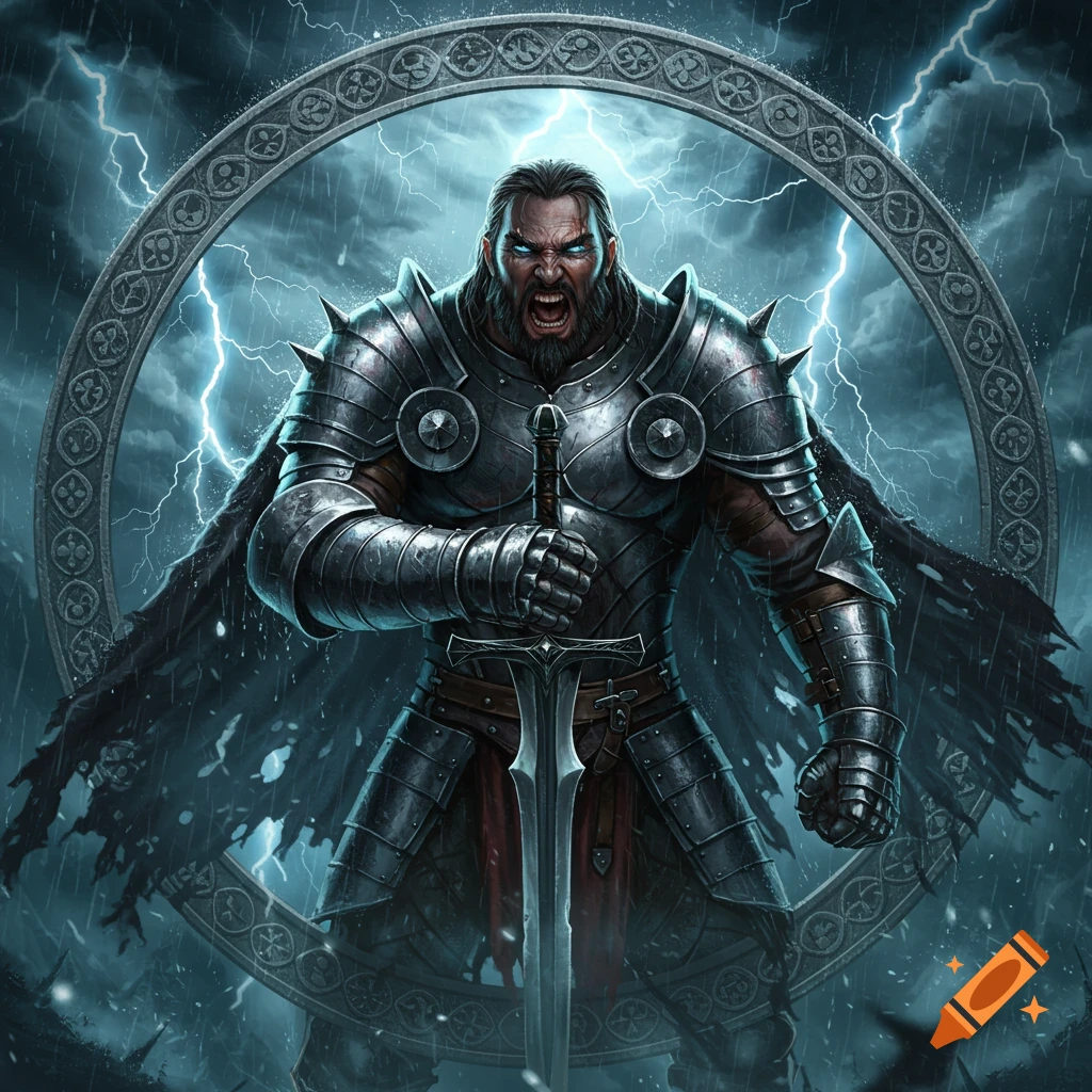 A fierce, armored warrior with glowing blue eyes holds a sword, roaring inside a decorated circular frame with lightning in a stormy sky.