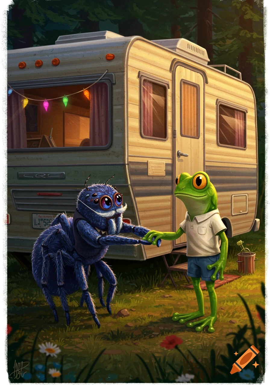 Cartoon blue spider with a mustache and glasses holds hands with a green frog in a polo shirt in front of an RV in a forest.