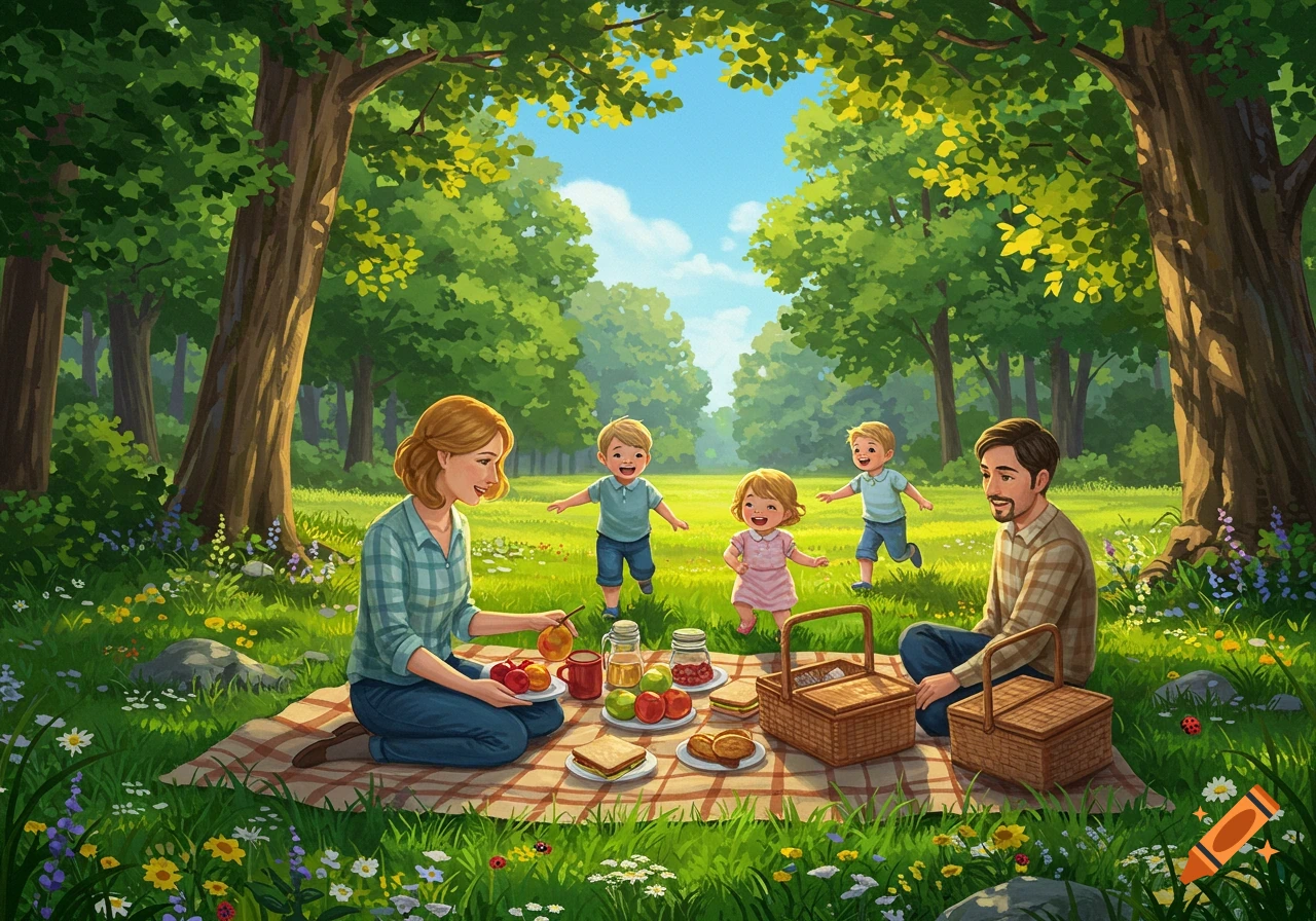 An illustrated family picnic scene with parents and three young children in a lush green forest.