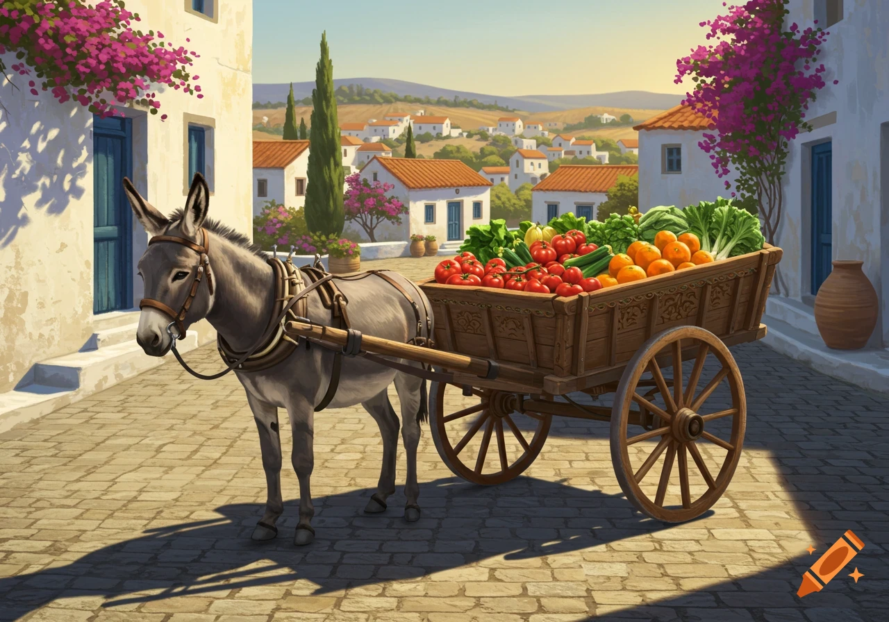 A grey donkey pulls a wooden cart filled with colorful vegetables down a sunny cobblestone street in a Mediterranean village.