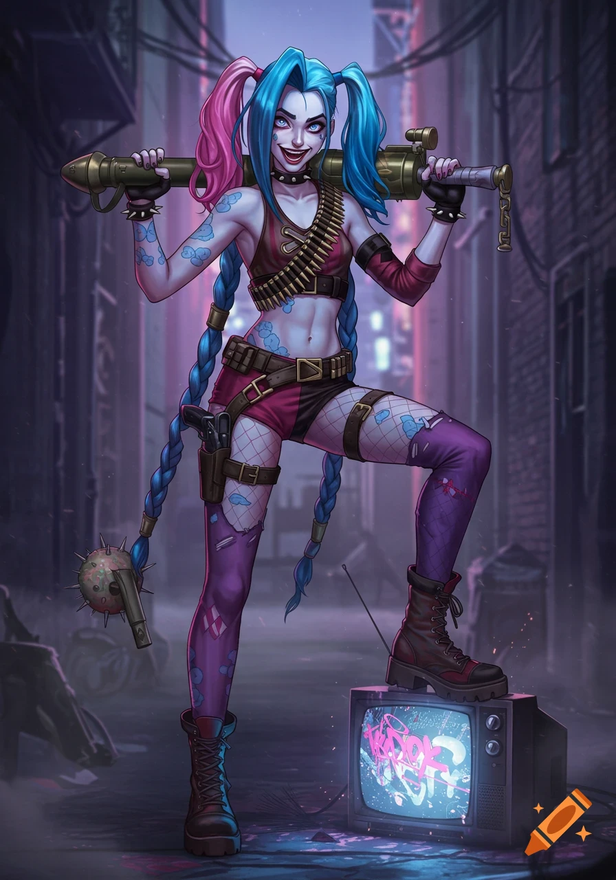 A Jinx and Harley Quinn fusion character stands in a dark alley, holding a rocket launcher, with one foot on a glowing TV screen.