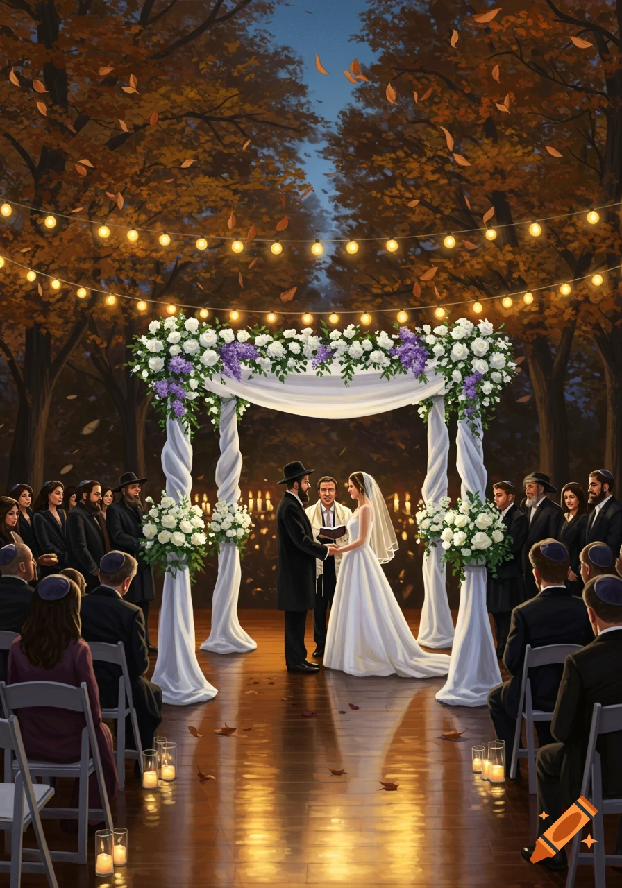 A Jewish wedding ceremony under a chuppah decorated with white and purple flowers, outdoors amidst autumn trees with string lights, at dusk.