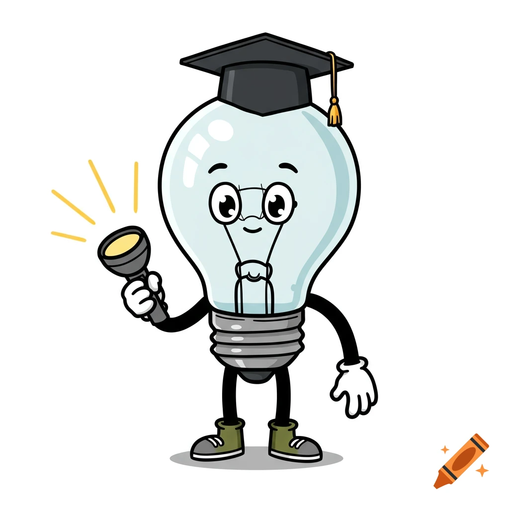 A cartoon lightbulb character wearing a graduation cap, holding an illuminated flashlight, on a white background.