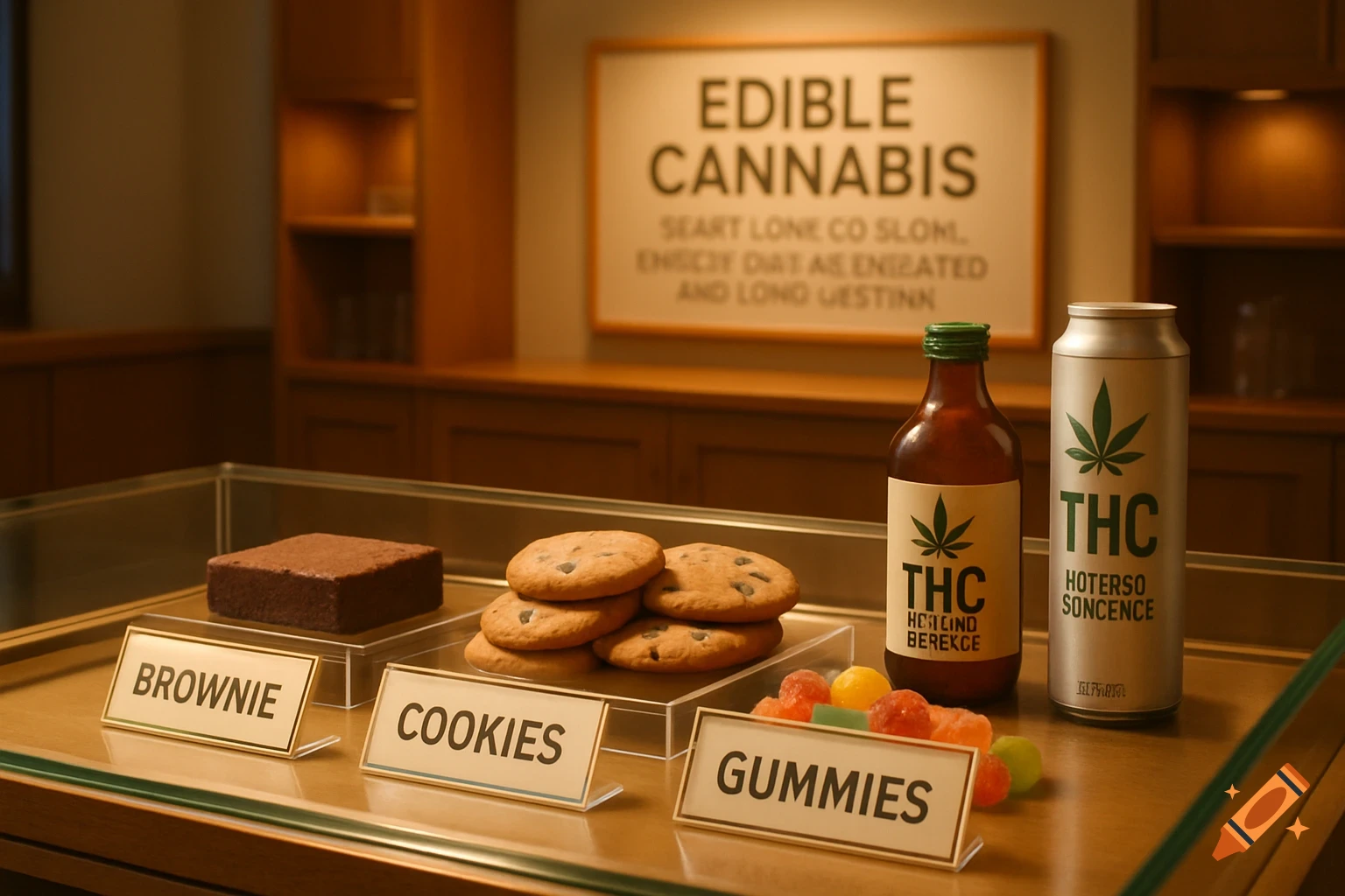 A display case with edible cannabis products including a brownie, cookies, gummies, a THC drink bottle, and a THC drink can. A background sign reads "EDIBLE CANNABIS".