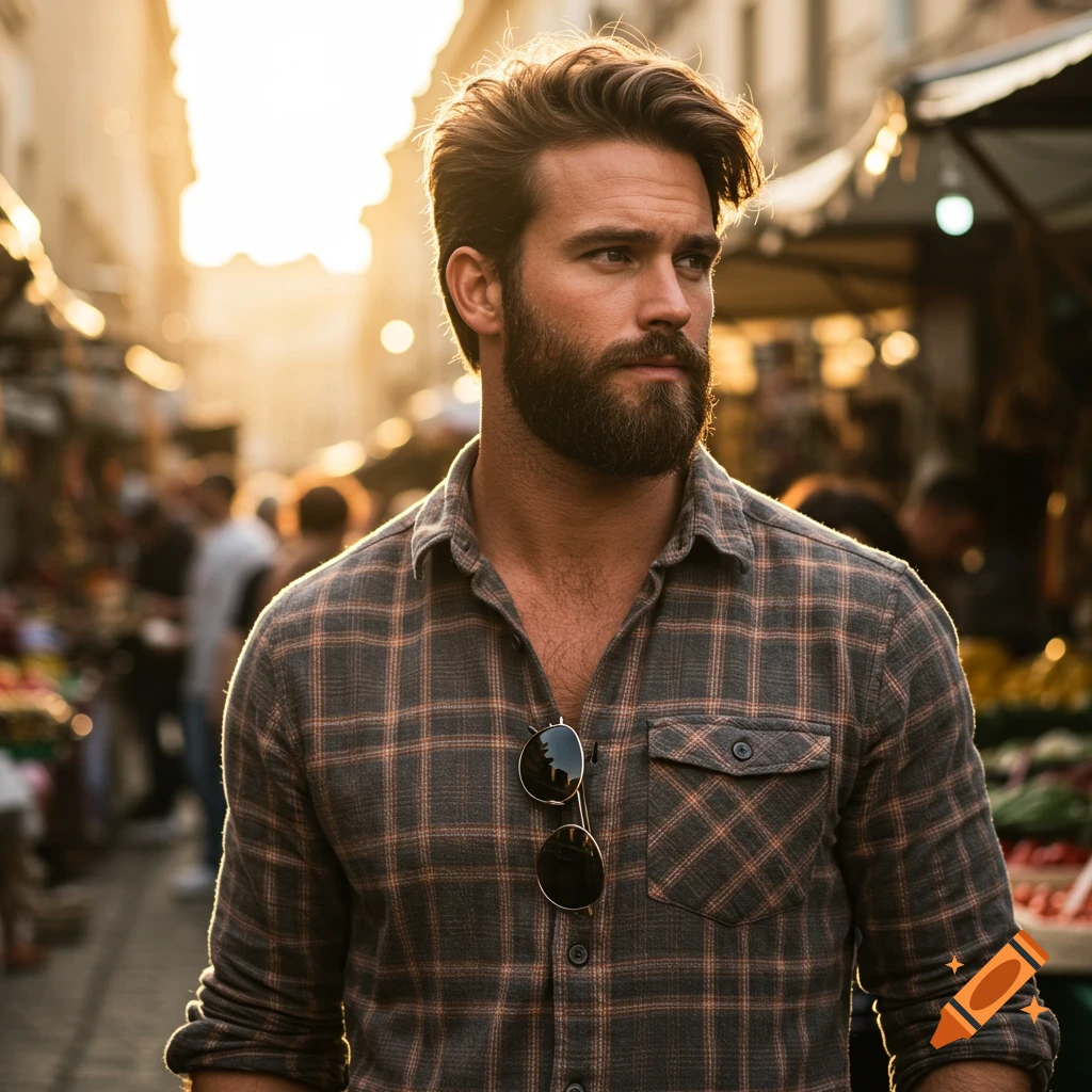 Photorealistic portrait of a bearded man in a plaid shirt looking right on a sunlit market street.