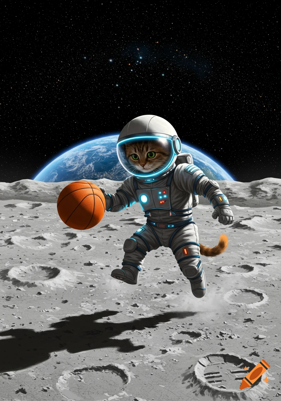 A cute cat in an astronaut suit bouncing a basketball on the moon with Earth in the background.