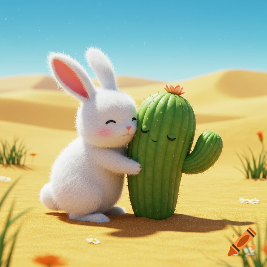 A cute white fluffy bunny hugs a smiling green cartoon cactus in a sunny desert scene.